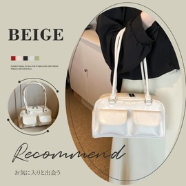 MORGEN SKY BAG801 Women's Shoulder Bag, PU Leather, Handbag, Double Pockets, Square Shape, Bag, Sacoche, Stylish, Underarm, Commuting to Work or School, Plain, beige