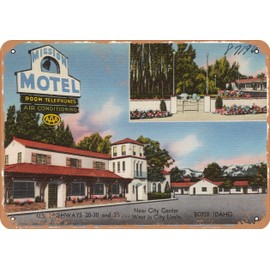 10 x 14 METAL SIGN - Idaho Postcard - Mission Motel, near city center, U.S. highways 20-30 and 26, west in c - Vintage Rusty Look