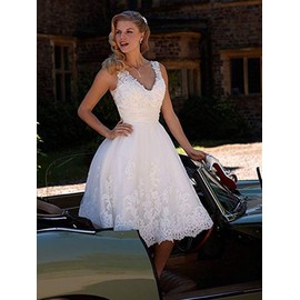 Short Lace Wedding Dresses Knee Length Travel Tulle Rhinestones V-Neck Lace Up Bride Gowns Vintage Dress White US 10
