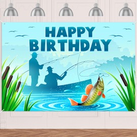 Gone Fishing Happy Birthday Banner Backdrop Fish Fisher Fisherman Theme Decor Decorations for 1st Birthday Party Baby Shower Retirement Party Fishing Party Supplies Favors Background