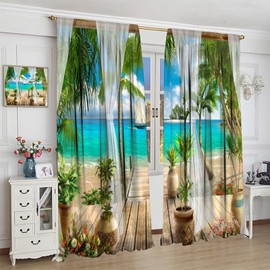 Beach Window Curtain,Palms Tropical Island Summer Vacation Blackout Rod Pocket Window Drapes for Living Room Bedroom Hotels,2 Panel Set W42xL45in