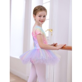 MdnMd Short Sleeve Glitter Dance Ballet Tutu Skirt Leotard Ballerina Outfit Costume for Girls Kids (Rainbow-Star, 6-8 Years)