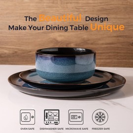 LeRatio Ceramic Dinnerware Sets for 6,Porcelain Plates and Bowls Sets,Handmade Reactive Glaze Dishes Set,Chip Resistant and Scratch Resistant | Oven&Dishwasher & Microwave Safe-Blue(18PCS)