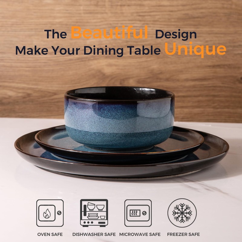 LeRatio Ceramic Dinnerware Sets for 6,Porcelain Plates and Bowls Sets,Handmade
