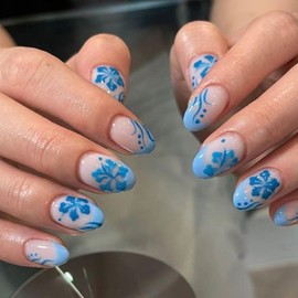 Flower Press on Nails Spring Fake Nails Short Almond Shaped False Nails with Blue Blossoms Designs Blue Glue on Nails Spring Stick on Nails Summer Full Cover Cute Acrylic Nails Glossy Artificial Nails