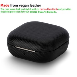 LOPIE Carbon Fiber Texture Case for SHOKZ OpenFit Open Earbuds with Cleaner Kit, Vegan Leather Case Cover for Open Fit Charging Case (2023) - Protective Hard Shell with Keychain & Lanyard - Black