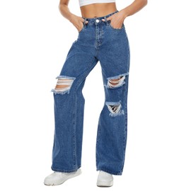 VIPONES Womens Wide Leg Jeans High Waist Baggy Denim Pants Distressed Loose Ripped Boyfriends Jeans Y2K, Dark Blue, Size 6