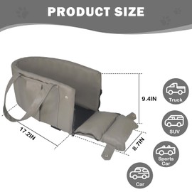 Center Console Dog Car Seat for Small Dogs, Large Leather Dog Car Bed with Storage Pocket, Waterproof PVC Leather Booster Seat Travel Bed for Front & Back Seat, Clip-On Safety Leash (Grey)