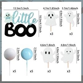 Little Boo - Decoración para tartas de Halloween, fantasma, calabazas, bolas azules, decoración para magdalenas, Halloween, baby shower, suministros para fiestas de cumpleaños