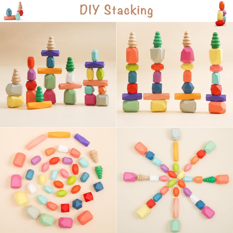 OESSUF Stacking Rocks 48Pcs Stacking Blocks Balancing Stacking Stones Wooden