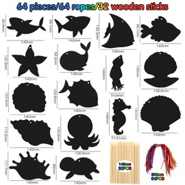 64 Sheets Sea Animals Scratch Pictures for Children Scratch Paper Rainbow Scratch Art with Wooden Pens Ropes DIY Sea Animals Drawing Crafts Children's Birthday Party Bag Birthday Underwater World