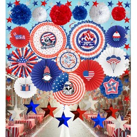 Aovaely 40 Pcs 4th of July Decorations Set, 6 Red White Blue Paper Pom Poms 12 Hanging Paper Fans 9 Foil Swirls 1 Foil Star String Memorial Patriotic Day Forth of July Party Outdoor Indoor Home Decor