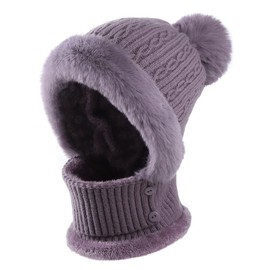 XGOPTS 3 In 1 Women Furry Knitted Hat Circle Scarf Mask Set Winter Thick Fleece Lined Knitted Scarf Pom Pom Beanie Hat Windproof Warm Knitted Cap Neck Warmer Set for Outdoor Sports