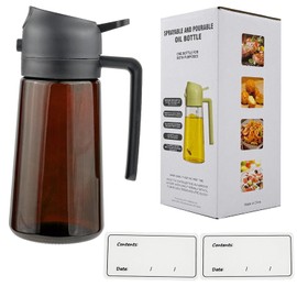 Neehows Olive Oil Spray Bottle Dispenser for Cooking, 470ml 16oz 2 in 1 Oil Mister with 2 Waterproof Stickers for Kitchen Gadgets, Air Fryer, Salad, Frying, BBQ - Black Lid + Brown Bottle