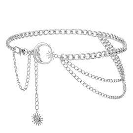 YBEATY 3 Layered Body Belly Belt Metal Waist Chain Moon and Sun Chain Silver Fashion Multilayer Link Belts Jewelry Accessories for Women Jeans Dresses Party Country Concert Outfits