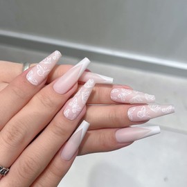 Long Coffin Press on Nails with Butterfly Designs, 30 PCS French Matte Nude Pink Fashion Ballerina Fake Nails White False Nails Tips Full Cover Stick on Nails for Women Girls