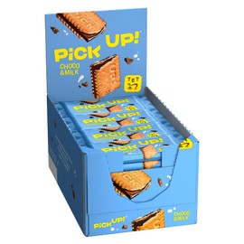 PiCK UP! PiCK UP! Choco&Milk (24 x 28 g), Keksriegel mit knackiger Milchschokolade und Milchcreme zwischen zwei Keksen, der Snack für unterwegs, Thekenaufsteller mit 24 Stück