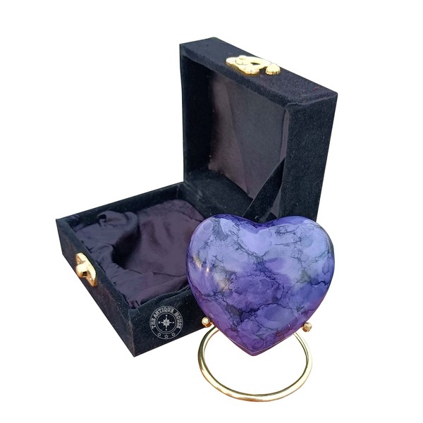 Purple Cremation Urn for Ashes Keepsake Heart Urn with Black Box and Brass Stand Mini urn for Your Loved one Adult & Funeral Burial for Adults and Infants