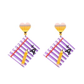 LPYO Teachers Earrings for Women Creative Acrylic Heart Pencil Dangle Earrings Colorful A+Printed Notebook Studs Jewelry Gift (purple)