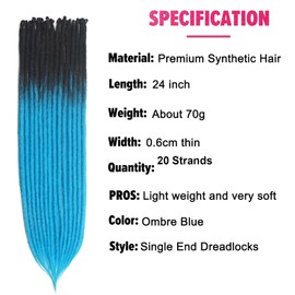 PORSMEER 20 Strands Ombre Blue Dreadlocks Extensions 60 cm Handmade Dreadlocks Crochet Hair Braids Synthetic 0.6 cm Hippie Straight Dreads Goddess Locs Crochet Hair for Women