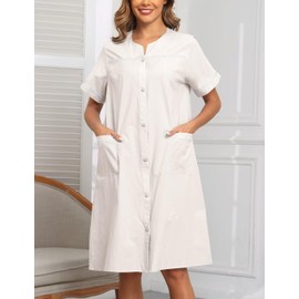 YOZLY Women Embroidered House Dress Short Sleeve Housecoat Duster Robe with Front Pockets S-3XL White Large
