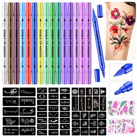 PFARRER ZYH2310001KIT Temporary Tattoo Markers for Skin, Tattoo Pens for Skin 15 Body Markers + 64 Large Tattoo Stencils & 2 Sheets Glow Stickers for Kids and Adults, Dual-End Tattoo Pens
