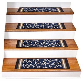 Stair Treads Carpet Non-Slip – Stair mats for Wooden Steps Non Slip – Rubber Back Stair Rugs – Stairway Carpet Rug – Set of 7 Navy Floral (8.5” x 26”)