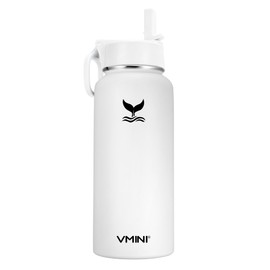 Vmini Water Bottle with New Wide Handle Straw Lid, Wide Mouth Vacuum Insulated 18/8 Stainless Steel, 32 oz, White Bottle & Lid