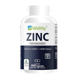 Wellthy Zinc Premium 300 Cápsulas. Hecho con L-Optizinc, fórmula de Alta Absorción patentada por el Laboratorio Suizo Lonza. 220 Porciones, 10 meses de consumo, V Caps Cápsulas Veganas.