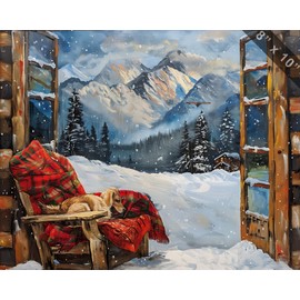 DigitalDreamscapeGallery Dog in a cozy mountain retreat with snowy peaks and rust 8x10 Print