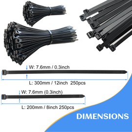 ECRABONE Zip Ties Assorted Sizes 8 + 12 Inch 500 Pack, 120 LBS Tensile Strength, Black Zip Cable Ties Self-Locking Nylon Wire Ties for Indoor and Outdoor