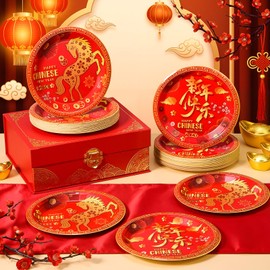 100 Pcs 2026 Chinese New Year Paper Plates Year of The Horse Party Supplies 7 Inch Red Gold Foil Disposable Dinnerware for Spring Festival Celebration Festivel Table Decorations