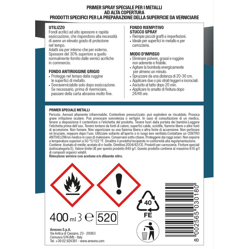 AREXONS 3290 SPECIALE METALLI FONDO ANTIRUGGINE GRIGIO ML 400, 400
