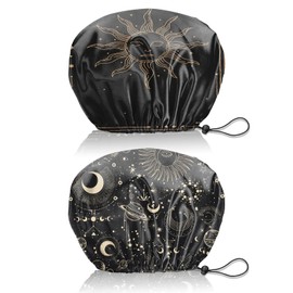 BHAHB 2 PCS Shower Cap Reusable Waterproof Double Layer Elastic Adjustable Hair Bath Caps for Girls Women Cute Aesthetic-Sun Moon