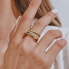 AllenCOCO 14K Gold Plated Stackable Rings, 3 Ring Set with Cubic Zirconia, Gold & Silver Stacked, Multi-Link Connected Interlocking Band for Women Statement Hypoallergenic Upgraded Craft Size 7