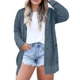 Eytino Plus Size Cardigans for Women Casual Loose Fit Open Front Kimono Cardigan with Pockets,2X Haze Blue