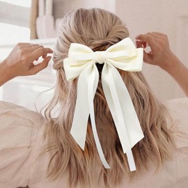 Inateannal Hair Ribbons for Women Large Satin Bow Barrettes Silky Satin Hair Bow Clips White Bowknot Hair Clip Long Tail Bow Hair Accessories Silky French Hair Ribbon Barrettes Headpieces