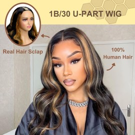 BYYASAA U Part Human Hair Wig Body Wave1B/30 U Part Wig Human Hair for Black Women Glueless Wigs Upgrade Natural Hair Wig Beginner Friendly Middle Part 180% Density 22inch