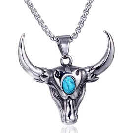 UMtrade Stainless Steel Men Hip Hop Charm Taurus Pendant Gothic Biker Bull Skull Head Turquoise Necklace Punk Masculine Jewelry
