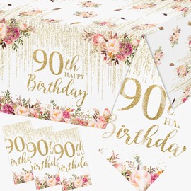 OGMOGKW 3Pcs 90th Birthday Tablecloth,Rose Gold 90th Birthday Tablecloth Rectangular Plastic 90th Happy Birthday Table Cover, 90th Birthday Table Decorations for Women 90th Party,70.8 * 42.5inch