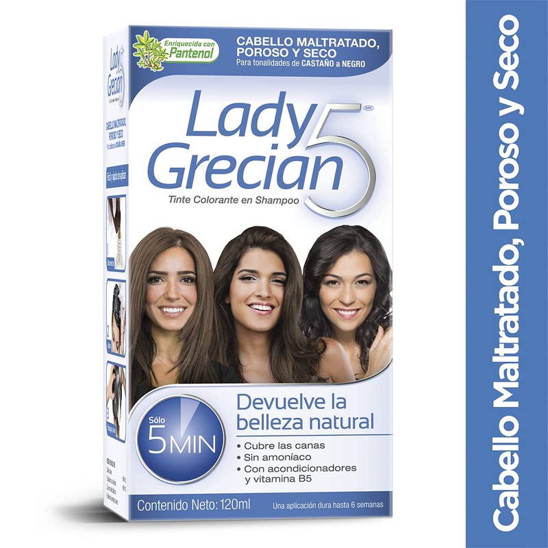 Lady Grecian 5, Tinte Colorante en Shampoo Cabello Maltratado Paquete