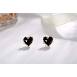 Qings Rose Gold Black Heart Stud Earrings 925 Sterling Silver Exquisite Sparkling Star Cubic Zircon as Birthday Gift for Women and Girls