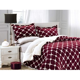 Elegant Comfort Softest, Coziest Premium Quality Heavy Weight Bloomingdale Pattern Micromink Sherpa-Backing Reversible Down Alternative Micro-Suede 3-Piece Comforter Set, King, Burgundy