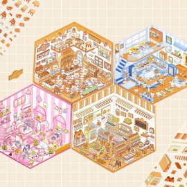 4 Sets DIY 3D House Scene Stickers, Sticker Therapy Store for Kids Adults to Relief Stress Pass The Time, Cute Cartoon House Stacking Scene Stickers, Make Your Own Stickers Cottage Store Restaurant