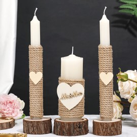 Amyhill 3 Pcs Rustic Unity Candles for Wedding Ceremony Set Mr and Mrs Burlap 1(5.9'') Pillar 2(9.8'') Taper Candles for Weddings Ceremony Events Decor Emergency Lighting(Romantic Style)