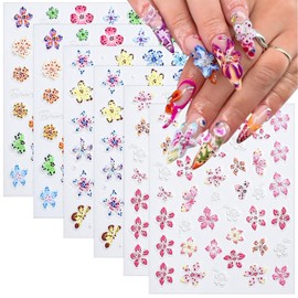 6 Sheets 5D Embossed Nail Art Stickers Colour Hibiscus Nail Decals Self-Adhesive Cute Floral Nail Decor Hawaiian Hibiscuss Flower Nail Design Stickers Summer Nails Supply for Women DIY Manicure
