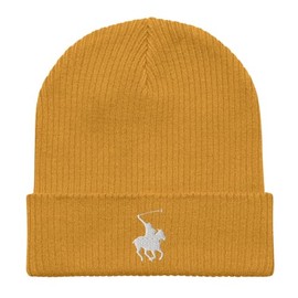 Polo Beanie, Embroidered Unisex Organic Ribbed Beanie, 100% Cotton Polo Beanie for Men, for Women, one Size fits All. Mustard Yellow