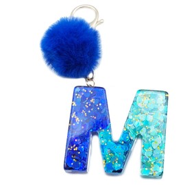 Xsclpomddy Initial Letter Resin Alphabet Key Rings with Fur Ball Pom pom keychains for Wallet Backpack Handbags Women Girls,M