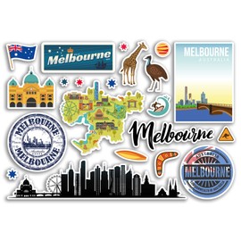 A5 Sticker Sheet Melbourne Landmarks Vinyl Stickers - Australia Airport Stamps Skyline Flag Map Travel Holiday Scrapbooking City Luggage #79139