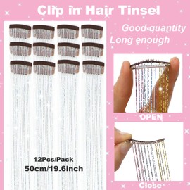 Hair Tinsel Pack of 12 Pcs Clip in Hair Tinsel Kit 19.6Inch Glitter Tinsel Hair Extensions Shiny Sparkly Fairy Hair Accessories for Women Girls (Silver)